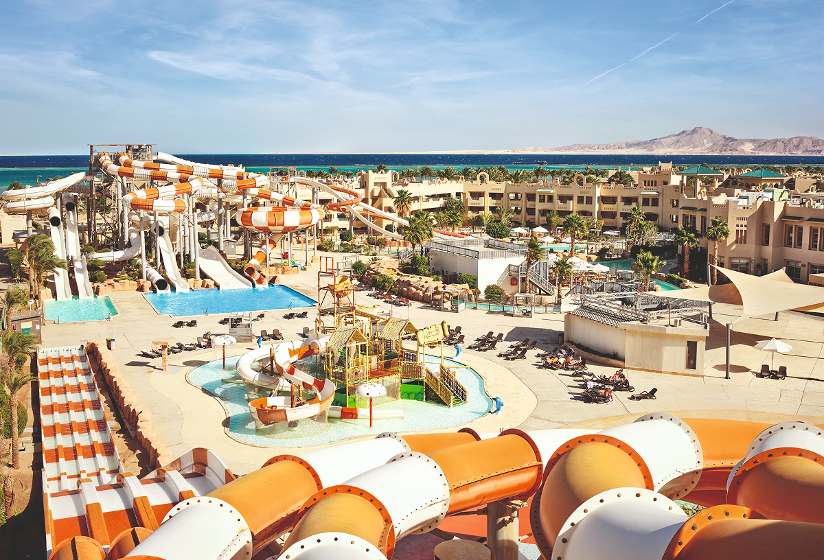 An aerial display of the pool and waterpark facilities at Coral Sea Water World.