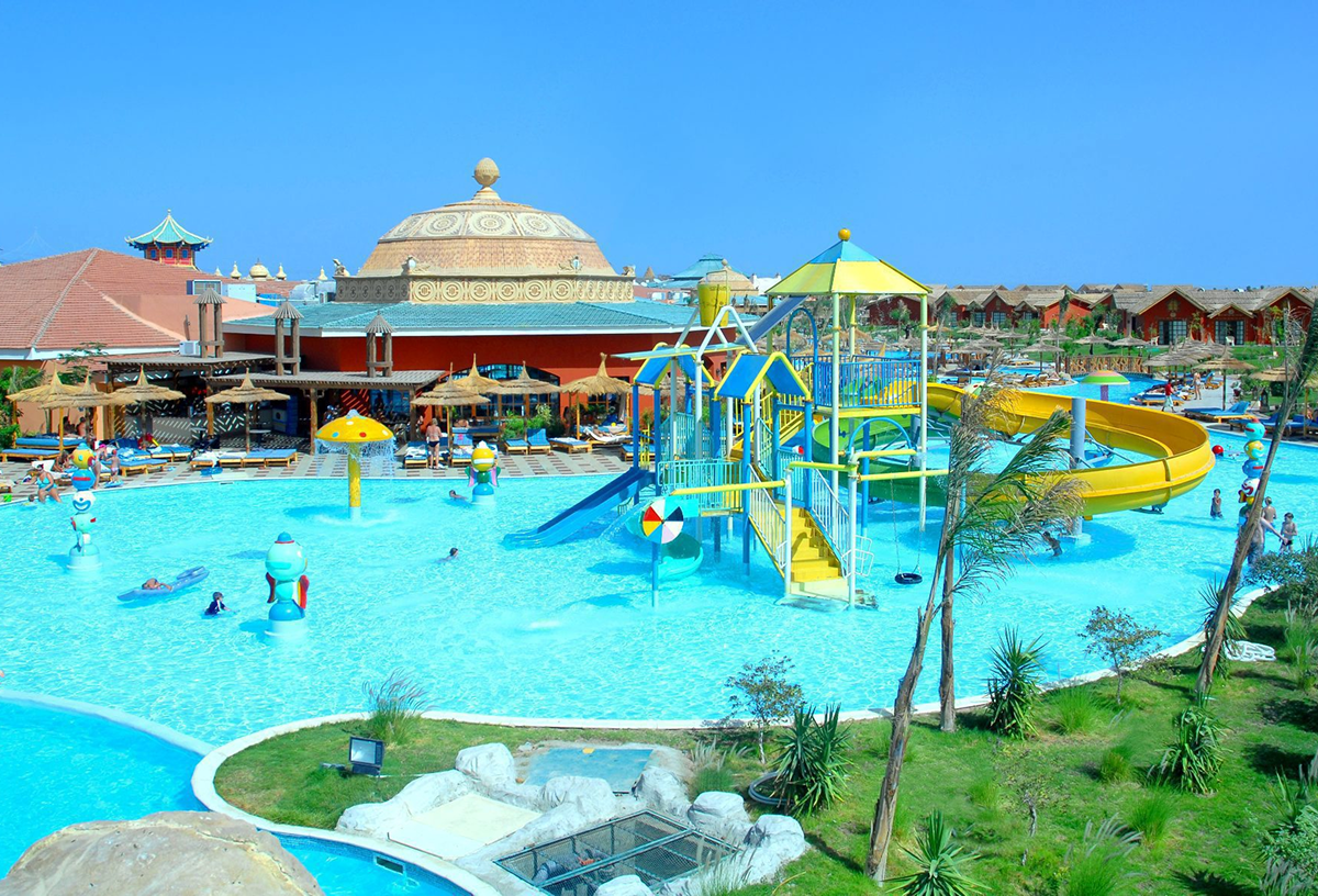 An image of a pool at Pickalbatros Jungle Aqua Park with a waterpark play area within the pool for children,