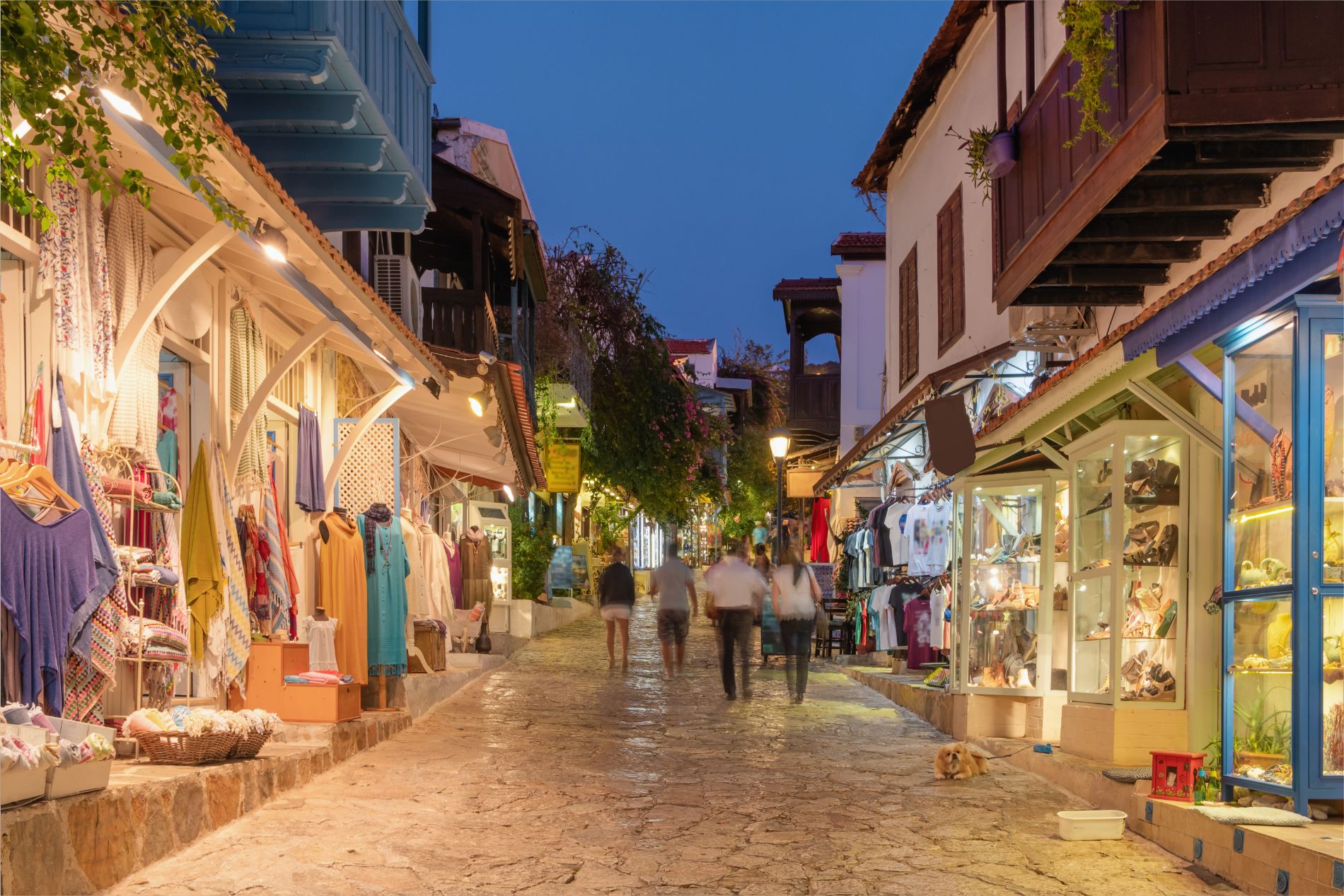 Street view in the Kas old town with boutique shops at evening. Kas Town is popular tourist destination in Turkey