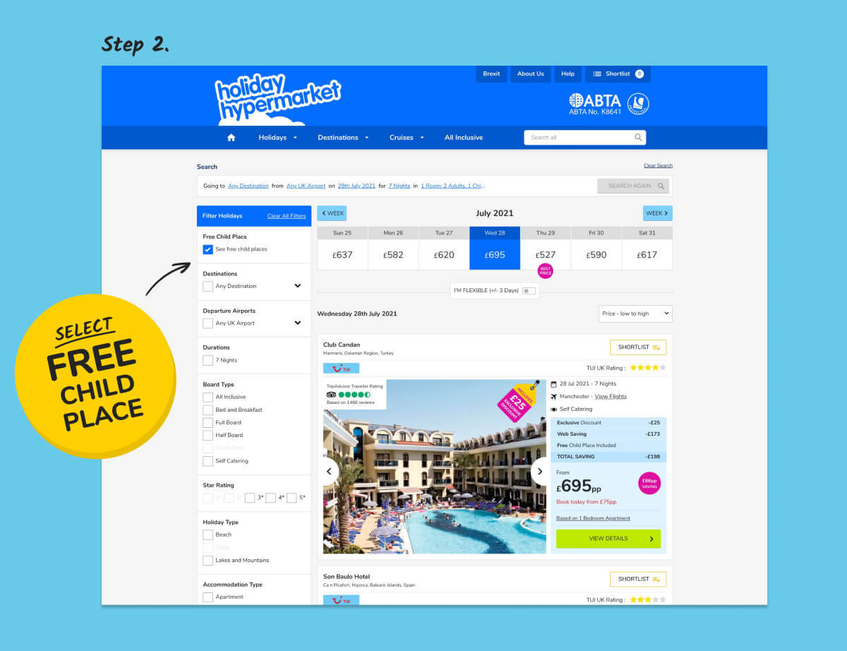 Image showing final search process for free child place holidays on desktop view