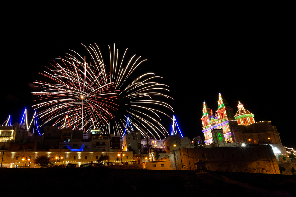 Fireworks at the town centre in Mellieha, Malta