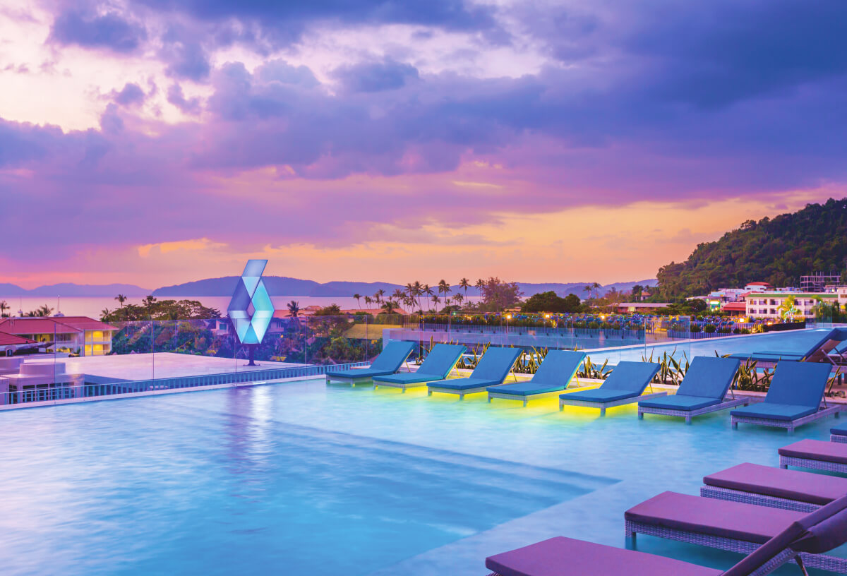 Pool and in pool sun loungers at the Blue Sotel SMART Krabi Aonang Beach hotel in Thailand