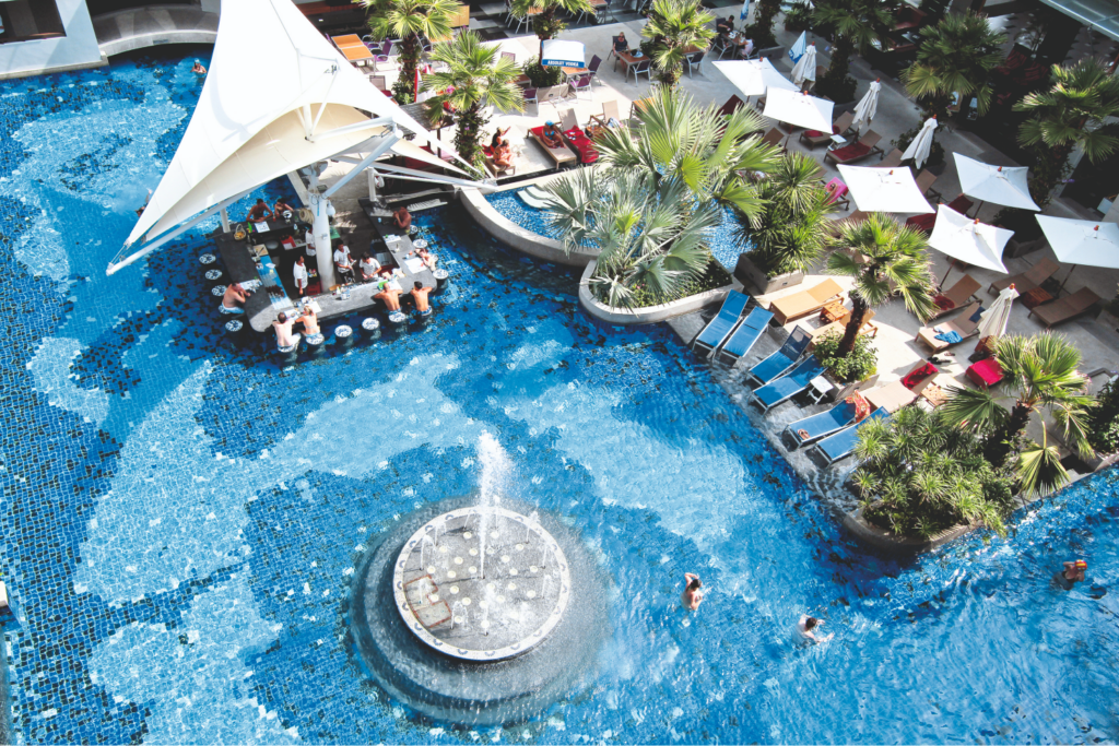 Birds eye view of the swim up bar and pool at The Kee Resort and Spa in Thailand 
