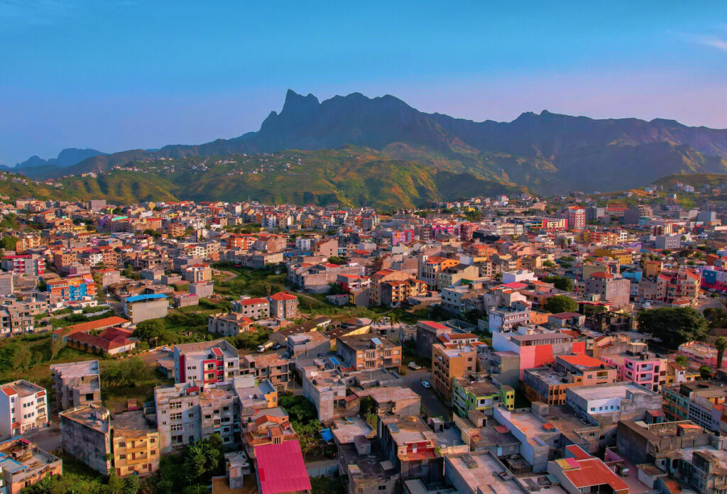 Birdseye view of local towns in Santiago and distant mountains