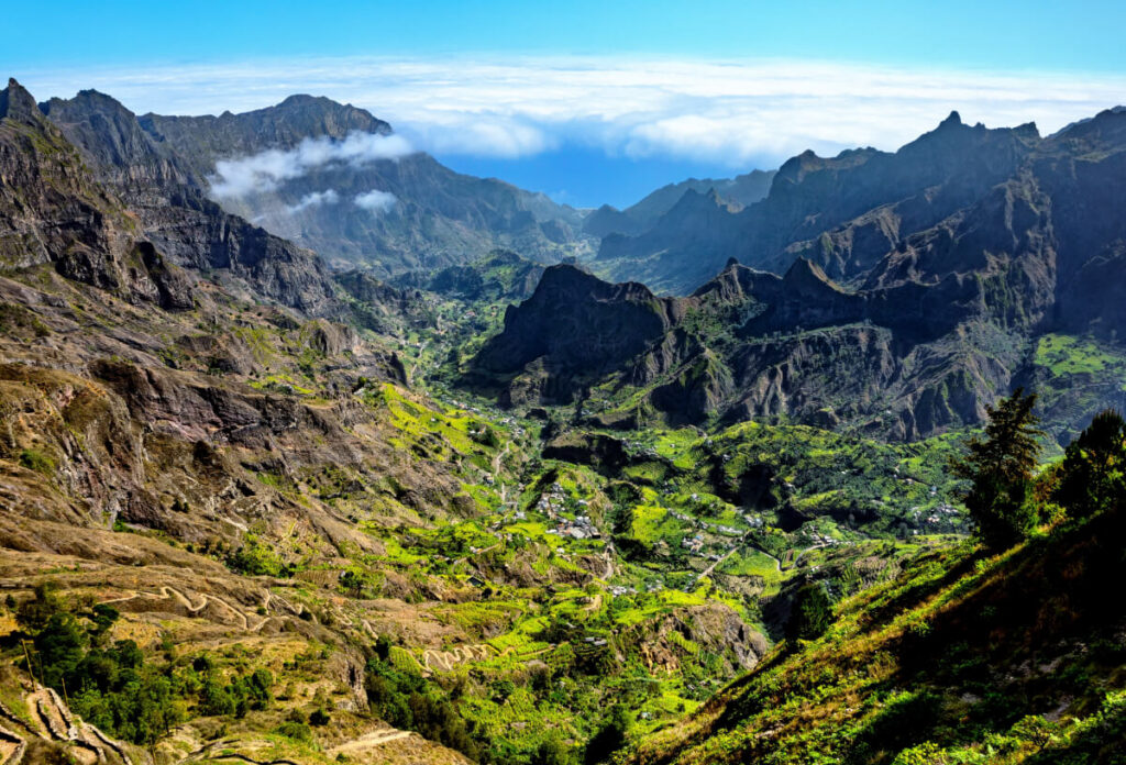 Forest and mountains peeking above the clouds in Sao Antao